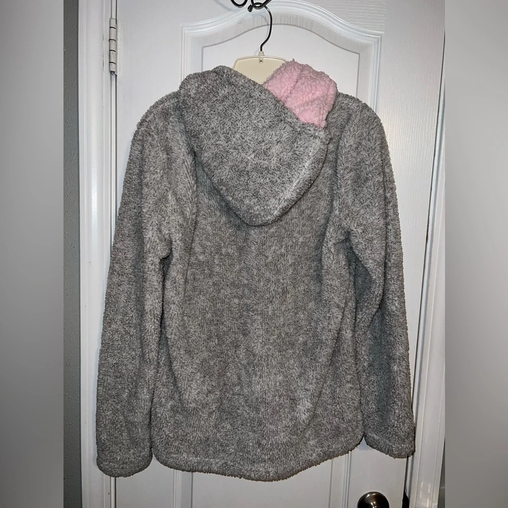 Francesca’s Cozy Fuzzy Pajama Lounge Set Grey Pink Pom Pom Hoodie Size M/S